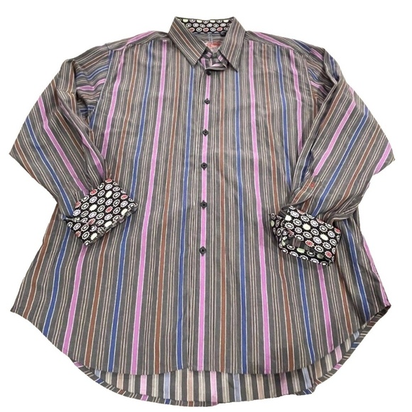 Robert Graham Flip Cuff Long Sleeve Dress Shirt; Multi Stripes/Dots; Size XL - Picture 1 of 4